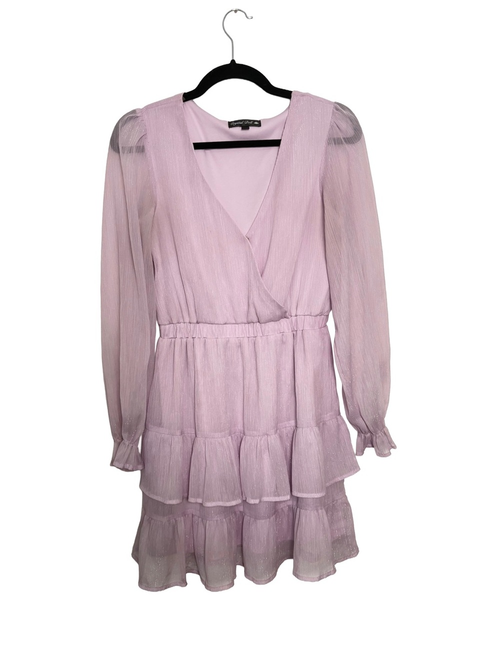 Crystal Doll Sheer Long-Sleeve Tiered Midi Dress - Light Lilac
